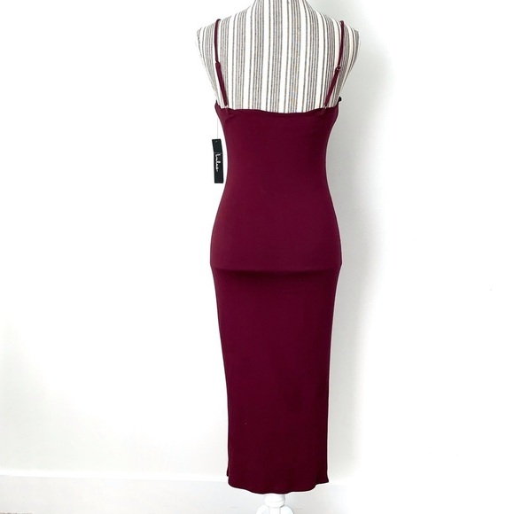 Lulus Everything To Me Event Dress NEW Womens Small Burgundy Ruched Slit Midi - Picture 4 of 14
